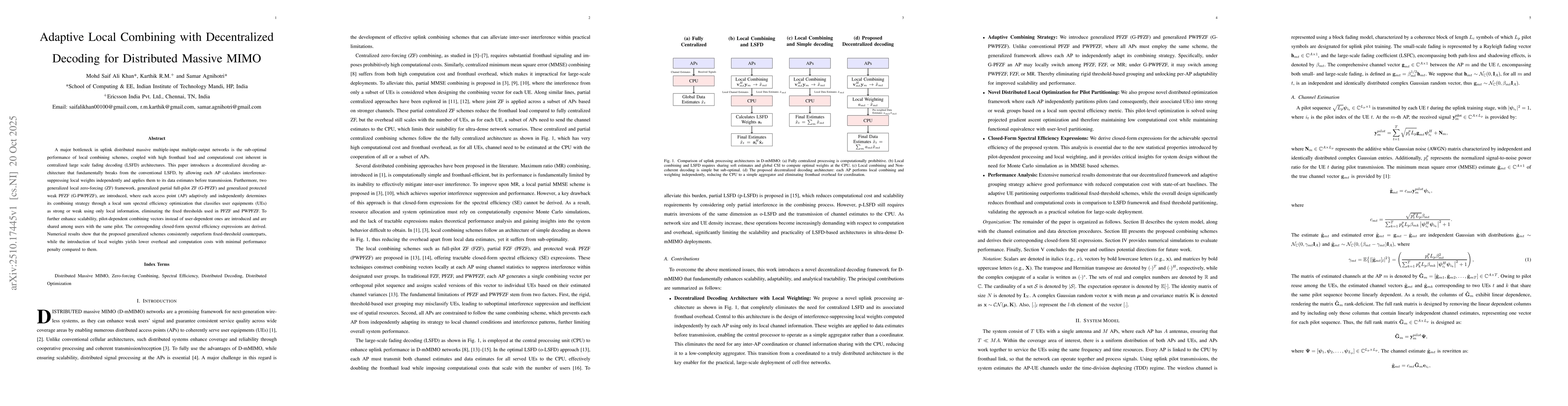 Thumbnail for Adaptive Local Combining with Decentralized Decoding for Distributed
  Massive MIMO