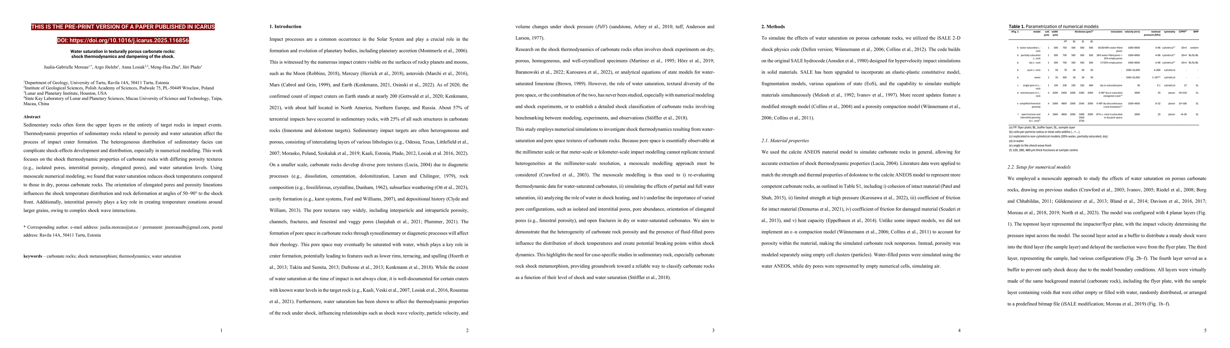 Thumbnail for Water saturation in texturally porous carbonate rocks: Shock
  thermodynamics and dampening of the shock