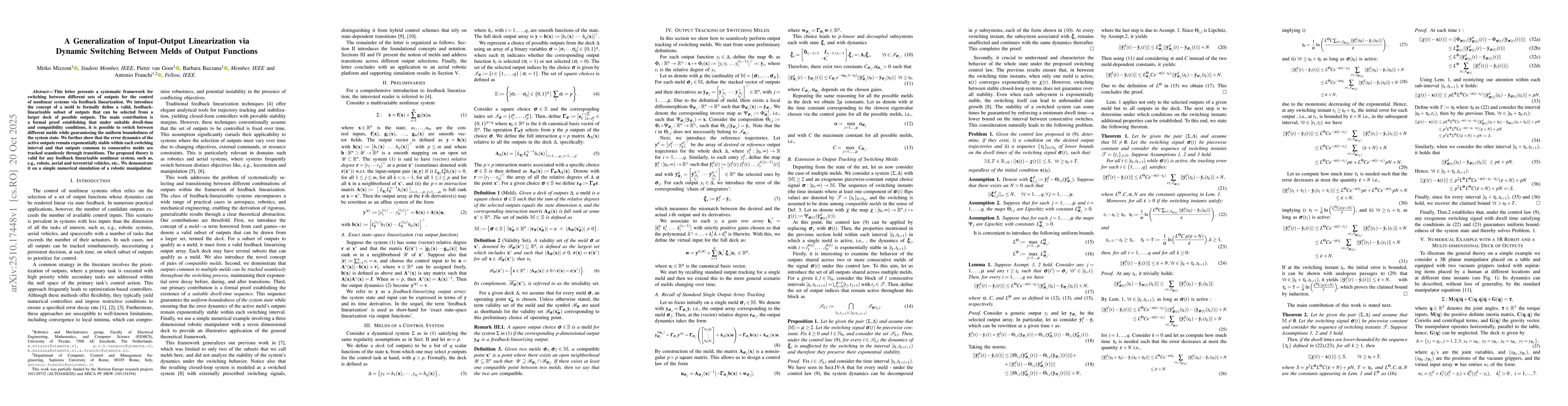 Thumbnail for A Generalization of Input-Output Linearization via Dynamic Switching
  Between Melds of Output Functions