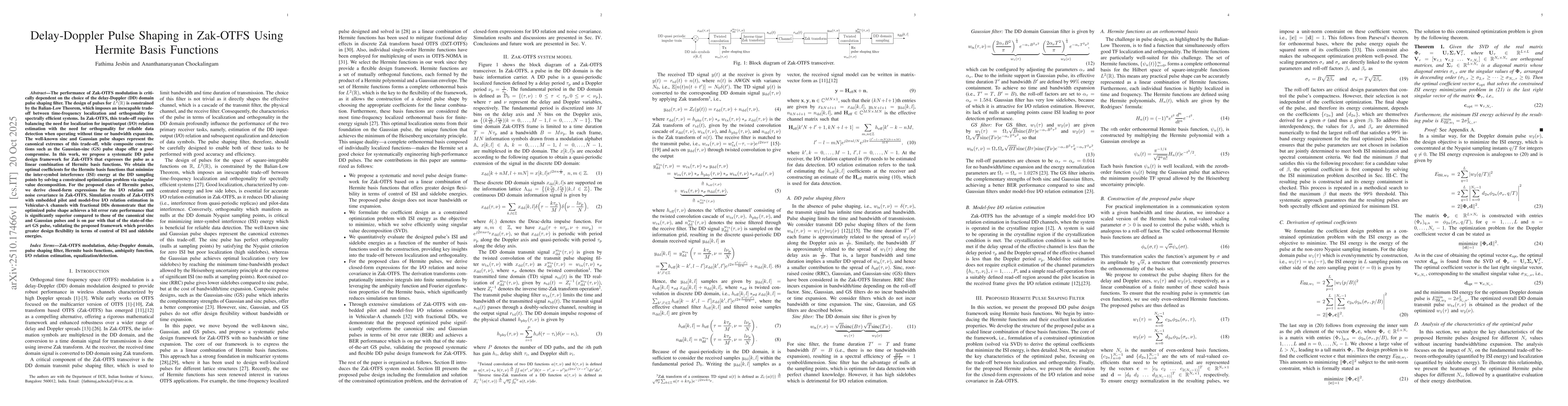 Thumbnail for Delay-Doppler Pulse Shaping in Zak-OTFS Using Hermite Basis Functions