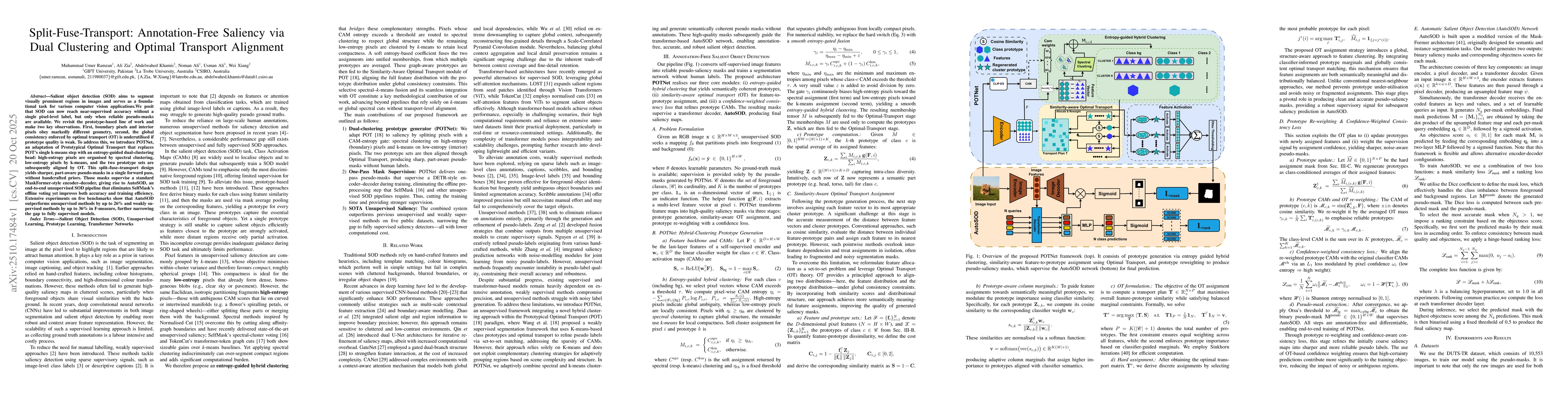 Thumbnail for Split-Fuse-Transport: Annotation-Free Saliency via Dual Clustering and
  Optimal Transport Alignment