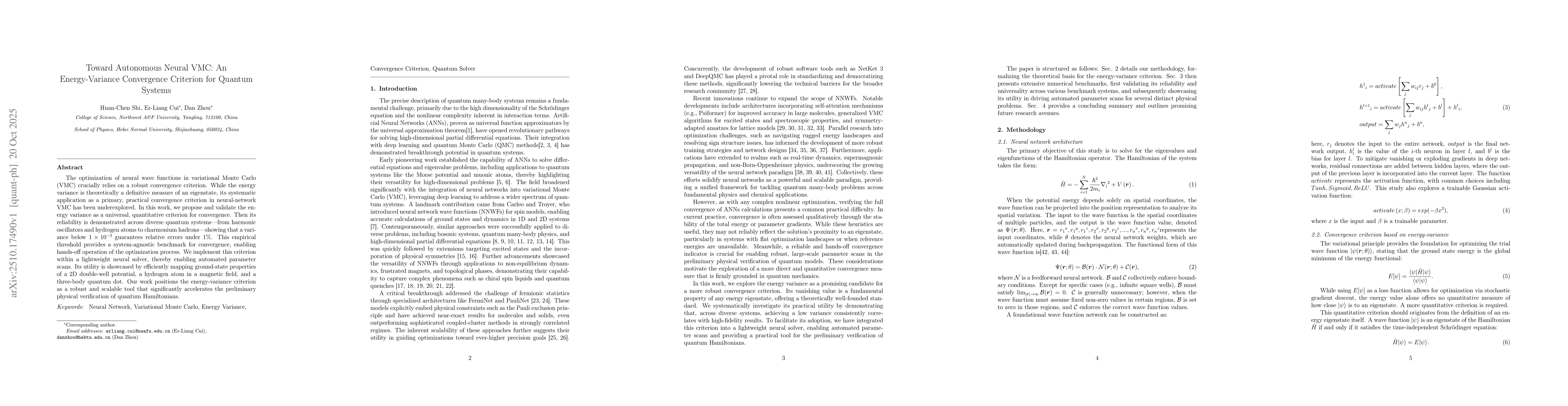 Thumbnail for Toward Autonomous Neural VMC: An Energy-Variance Convergence Criterion
  for Quantum Systems