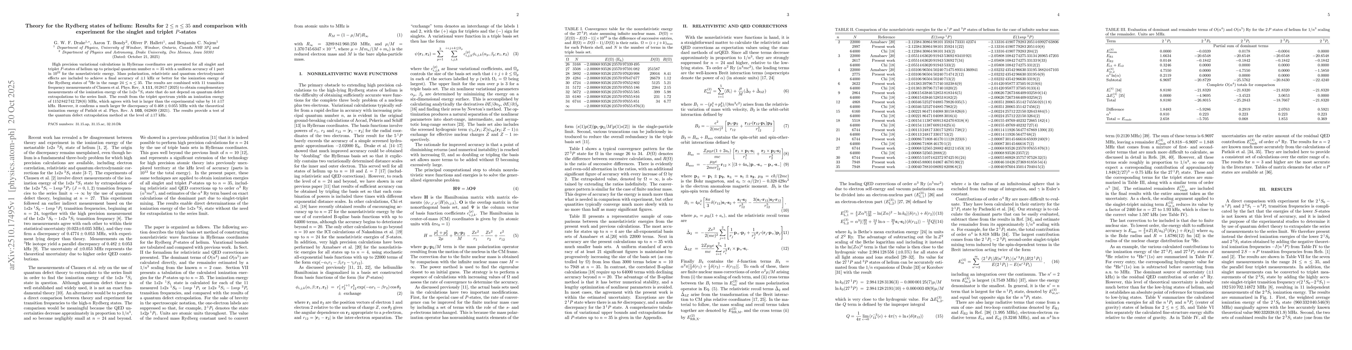Thumbnail for Theory for the Rydberg states of helium: Results for $2 \le n \le 35$
  and comparison with experiment for the singlet and triplet $P$-states
