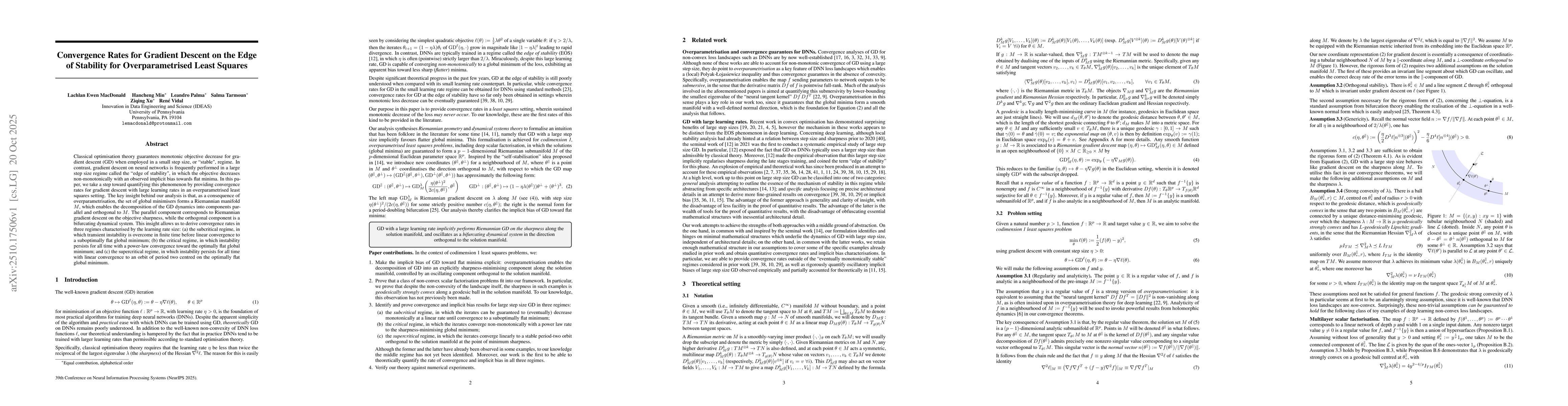 Thumbnail for Convergence Rates for Gradient Descent on the Edge of Stability in
  Overparametrised Least Squares