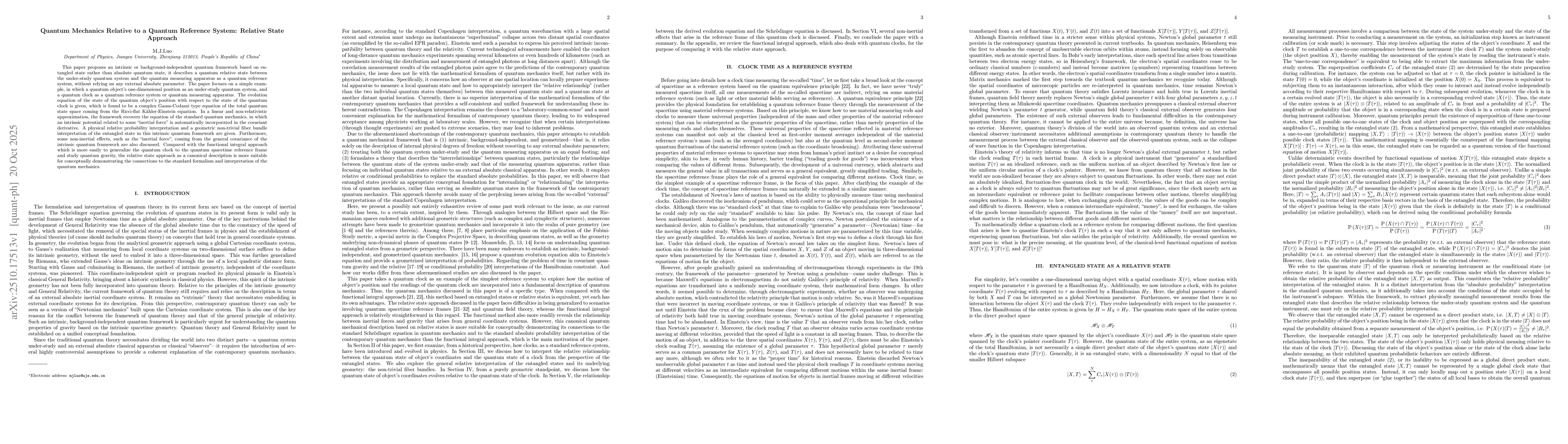 Thumbnail for Quantum Mechanics Relative to a Quantum Reference System: Relative State
  Approach