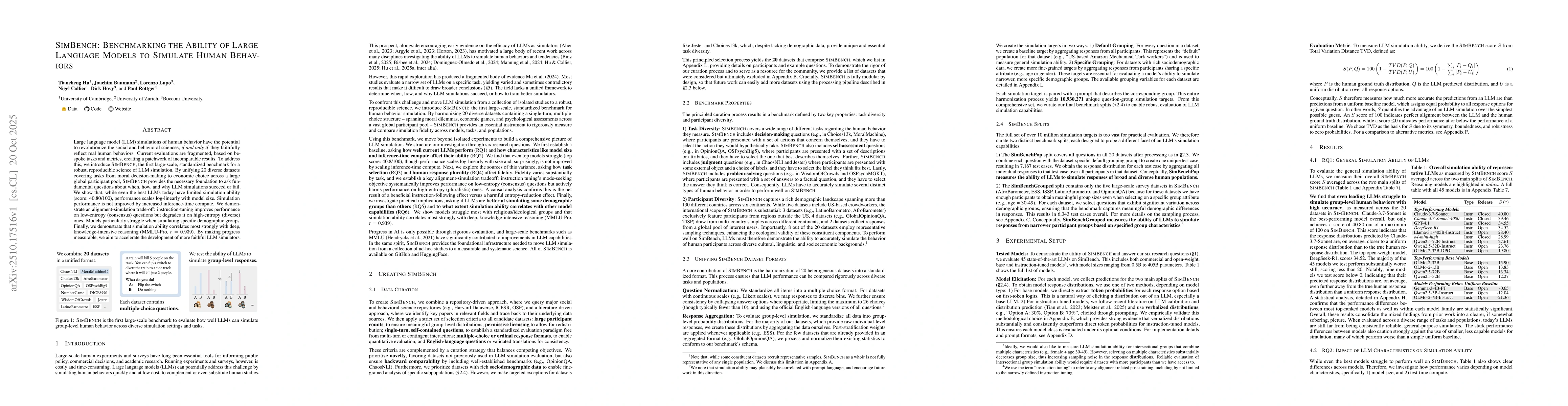 Thumbnail for SimBench: Benchmarking the Ability of Large Language Models to Simulate
  Human Behaviors