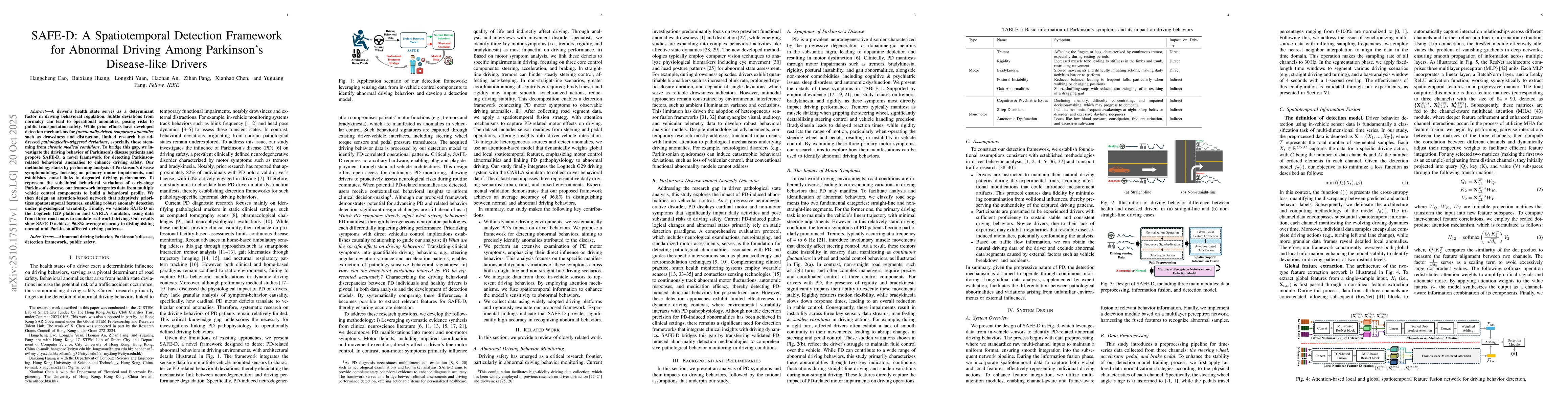 Thumbnail for SAFE-D: A Spatiotemporal Detection Framework for Abnormal Driving Among
  Parkinson's Disease-like Drivers