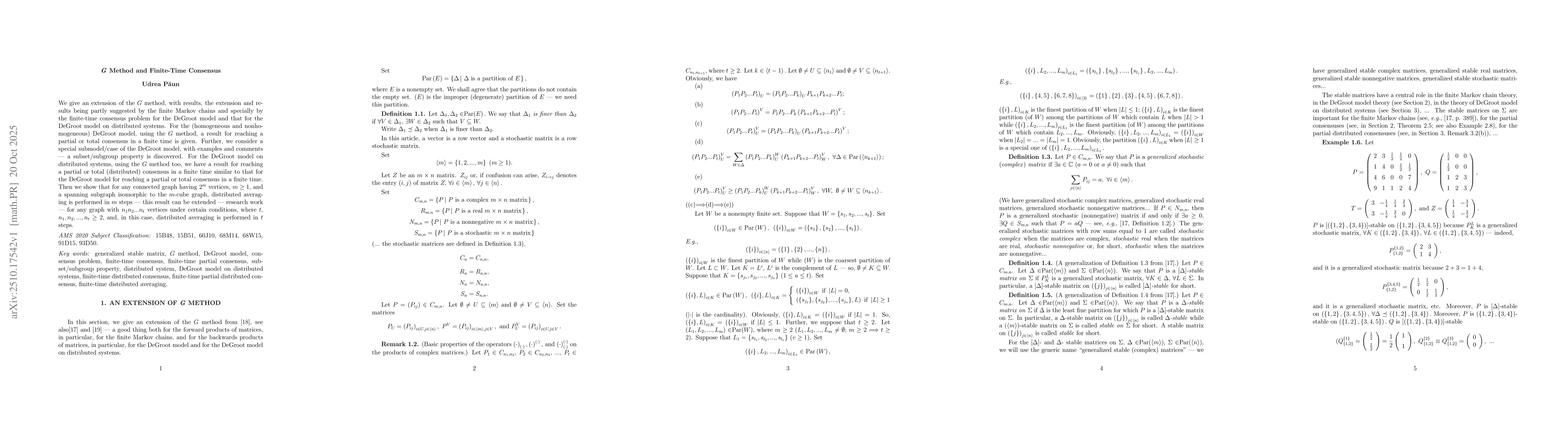 Thumbnail for $G$ Method and Finite-Time Consensus