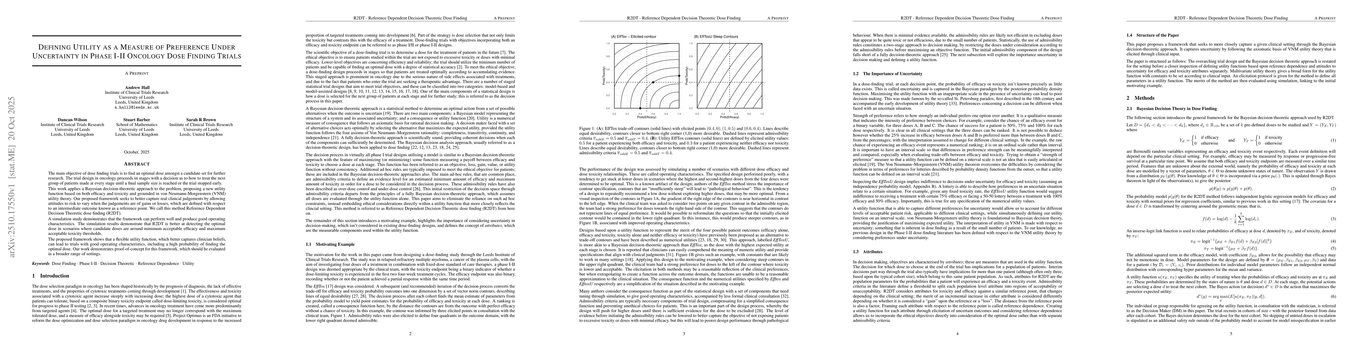 Thumbnail for Defining Utility as a Measure of Preference Under Uncertainty in Phase
  I-II Oncology Dose Finding Trials
