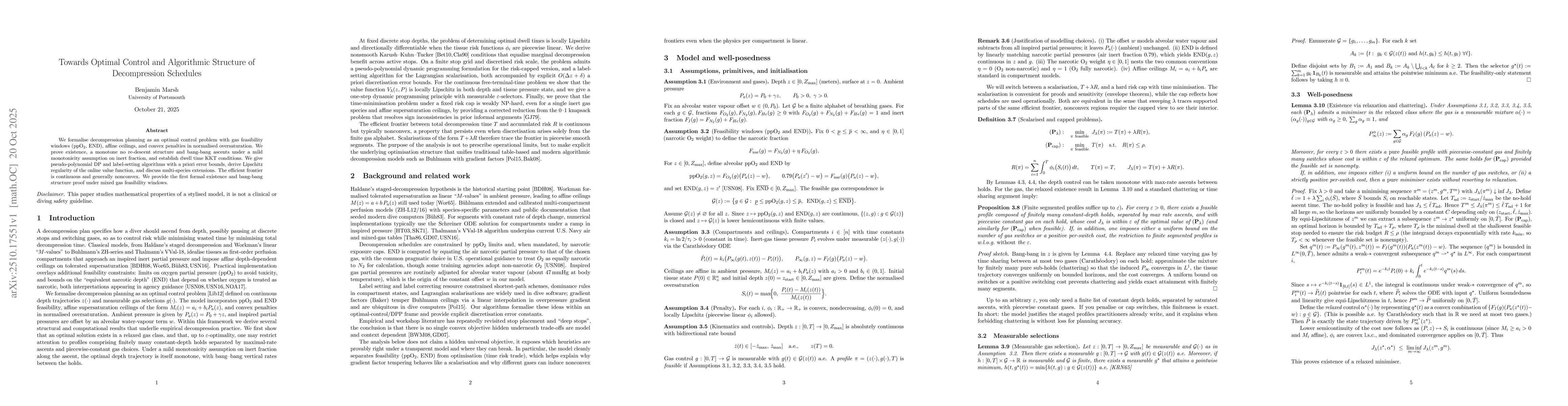 Thumbnail for Towards Optimal Control and Algorithmic Structure of Decompression
  Schedules