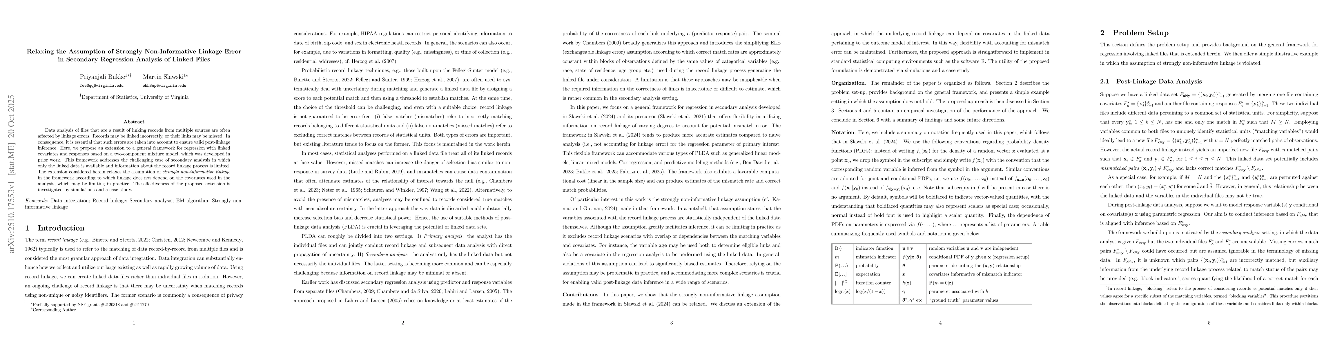 Thumbnail for Relaxing the Assumption of Strongly Non-Informative Linkage Error in
  Secondary Regression Analysis of Linked Files