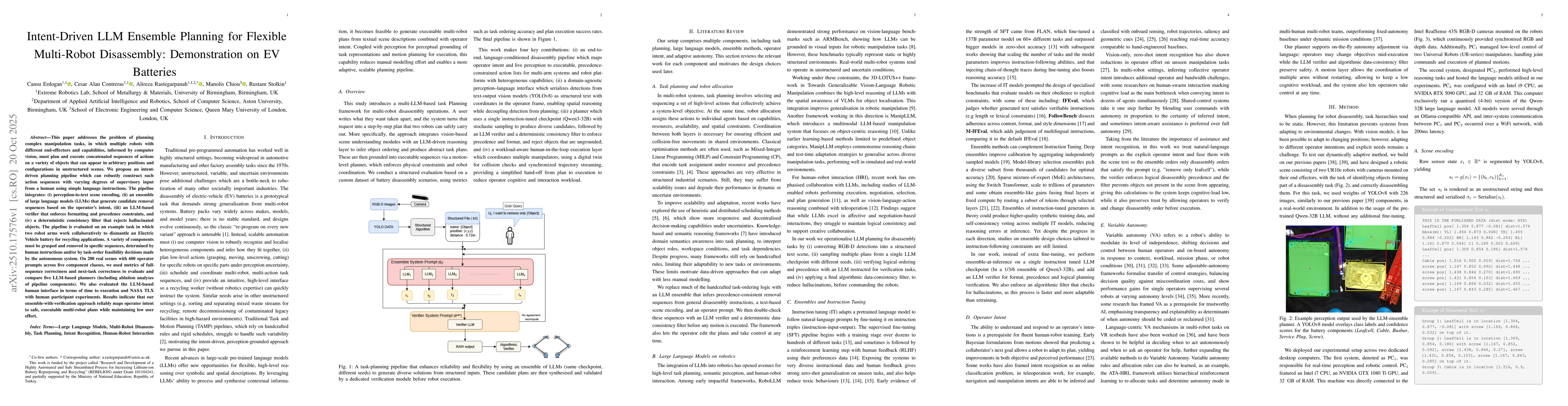 Thumbnail for Intent-Driven LLM Ensemble Planning for Flexible Multi-Robot
  Disassembly: Demonstration on EV Batteries