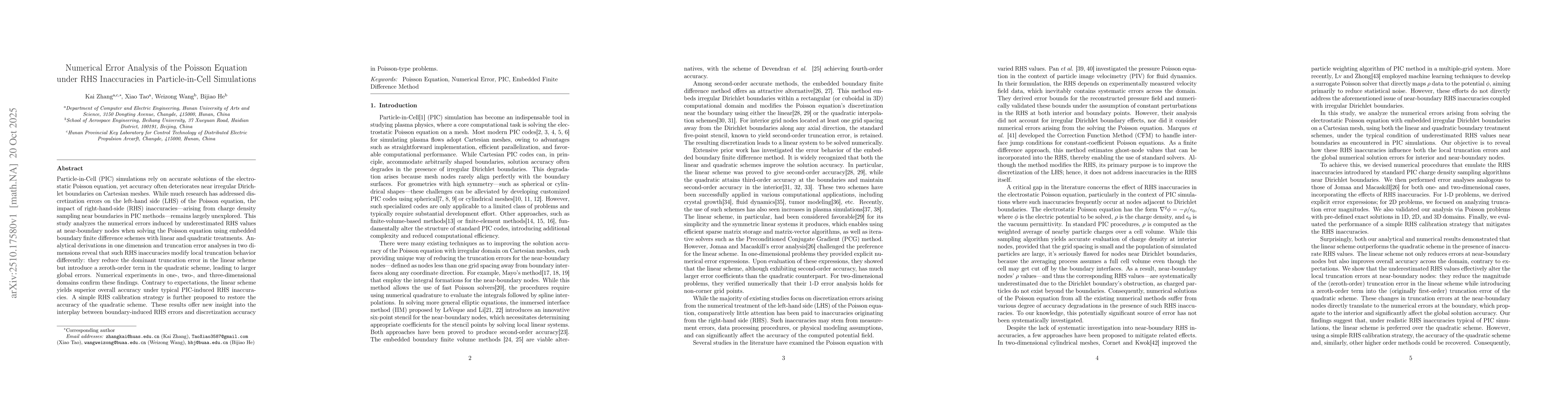 Thumbnail for Numerical Error Analysis of the Poisson Equation under RHS Inaccuracies
  in Particle-in-Cell Simulations