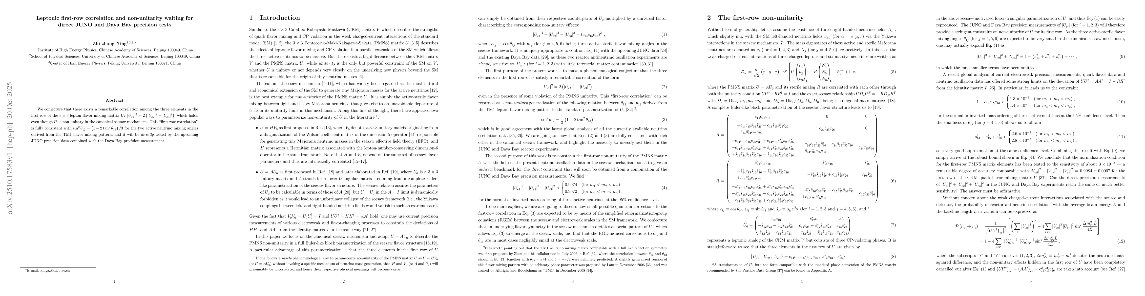 Thumbnail for Leptonic first-row correlation and non-unitarity waiting for direct JUNO
  and Daya Bay precision tests