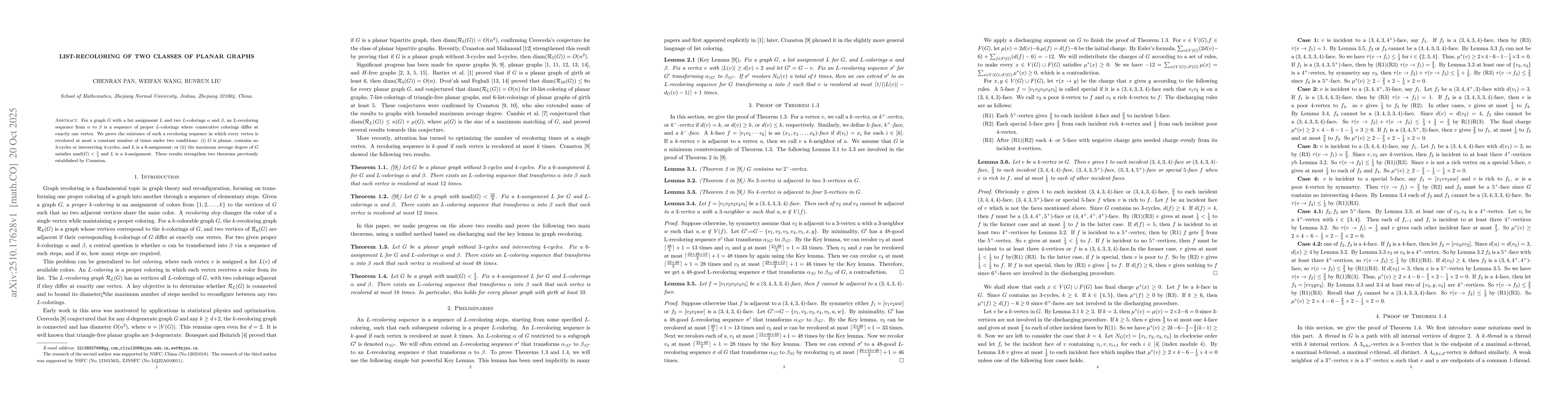 Thumbnail for List-recoloring of two classes of planar graphs