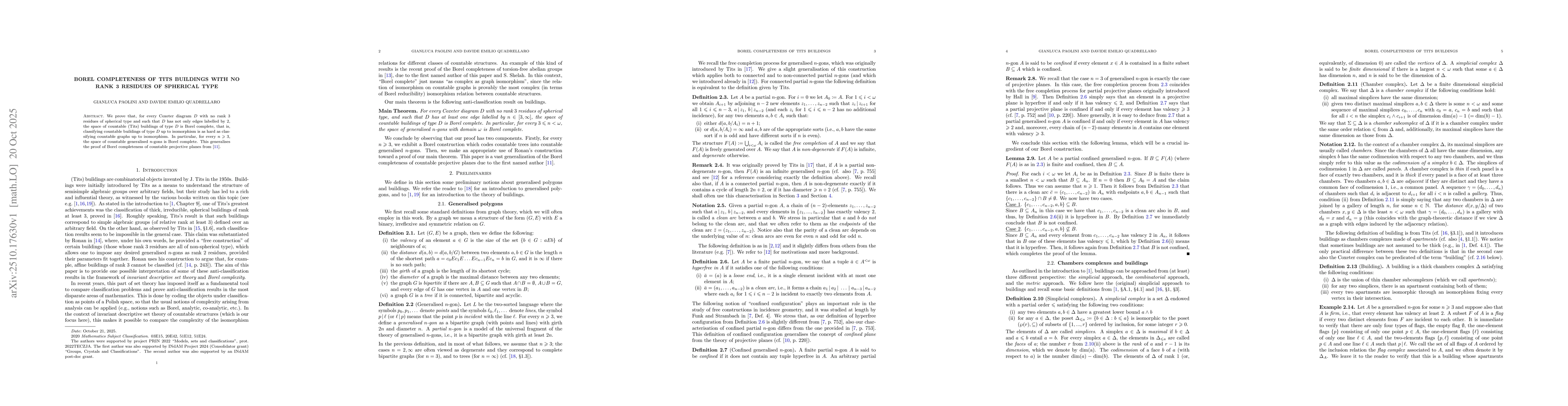 Thumbnail for Borel completeness of Tits buildings with no rank 3 residues of
  spherical type