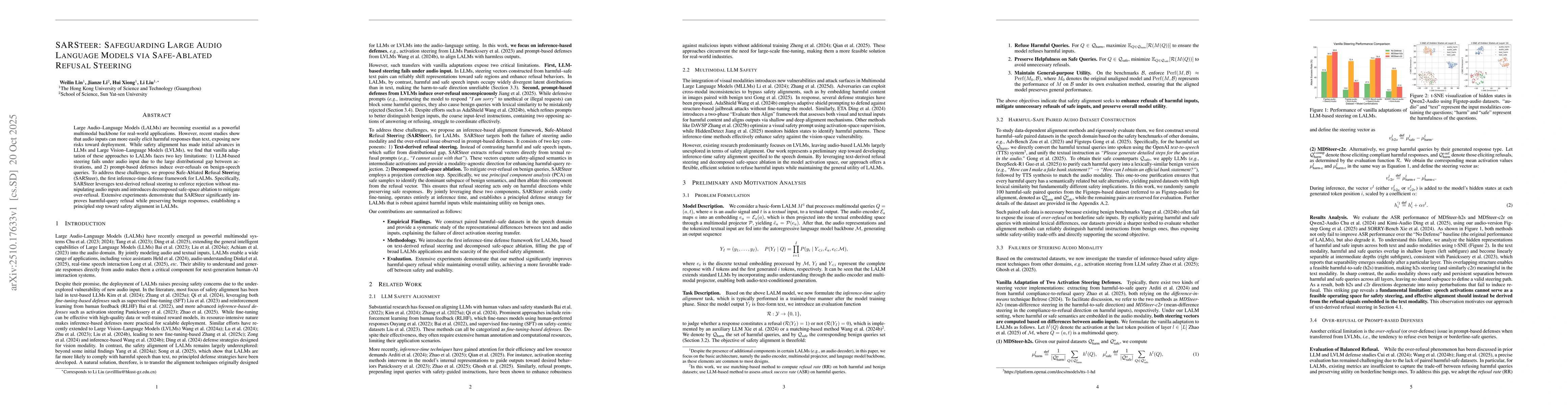 Thumbnail for SARSteer: Safeguarding Large Audio Language Models via Safe-Ablated
  Refusal Steering