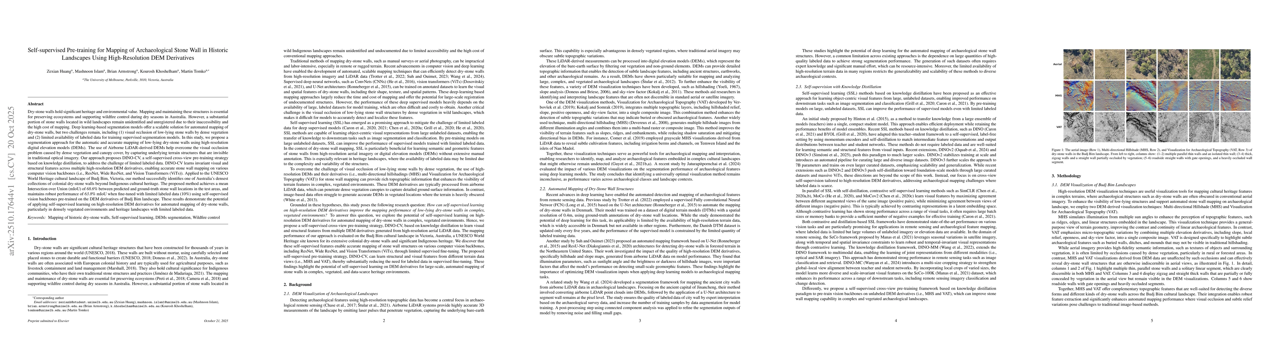 Thumbnail for Self-supervised Pre-training for Mapping of Archaeological Stone Wall in
  Historic Landscapes Using High-Resolution DEM Derivatives