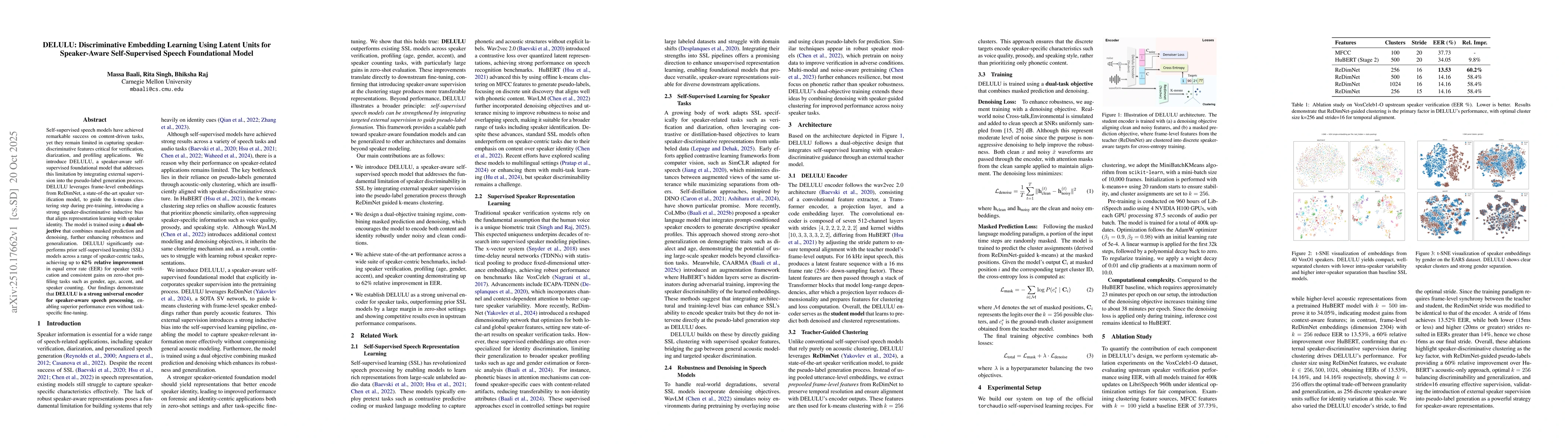 Thumbnail for DELULU: Discriminative Embedding Learning Using Latent Units for
  Speaker-Aware Self-Supervised Speech Foundational Model