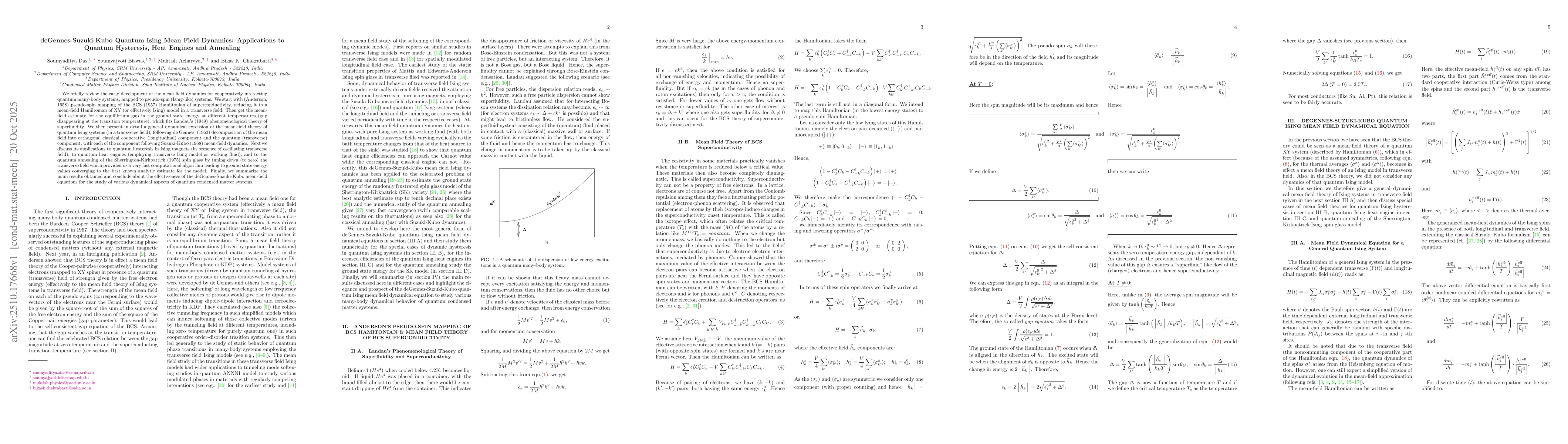 Thumbnail for deGennes-Suzuki-Kubo Quantum Ising Mean Field Dynamics: Applications to
  Quantum Hysteresis, Heat Engines and Annealing