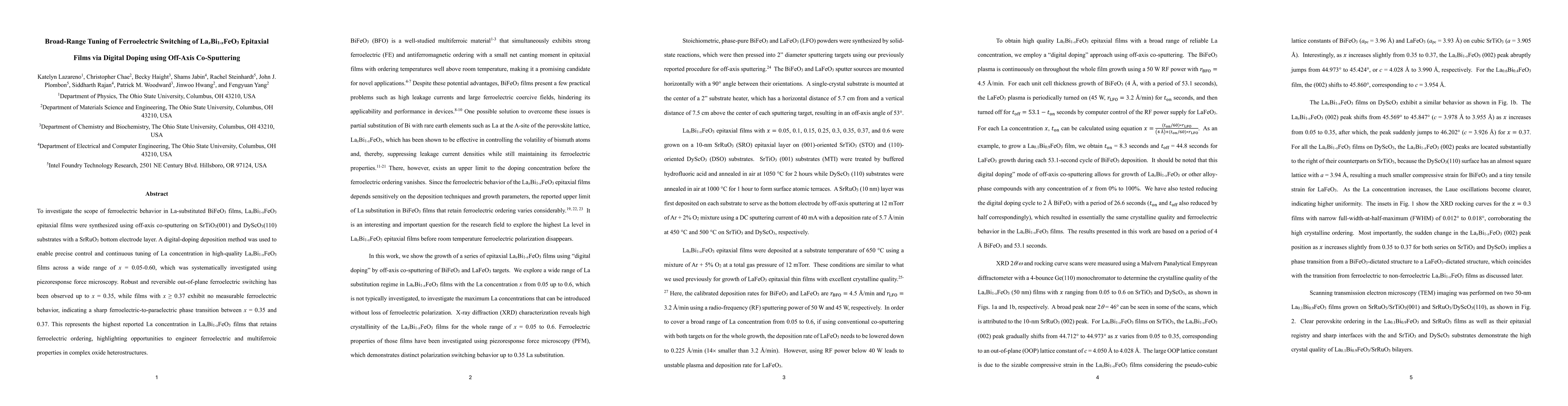 Thumbnail for Broad-Range Tuning of Ferroelectric Switching of LaxBi1-xFeO3 Epitaxial
  Films via Digital Doping using Off-Axis Co-Sputtering