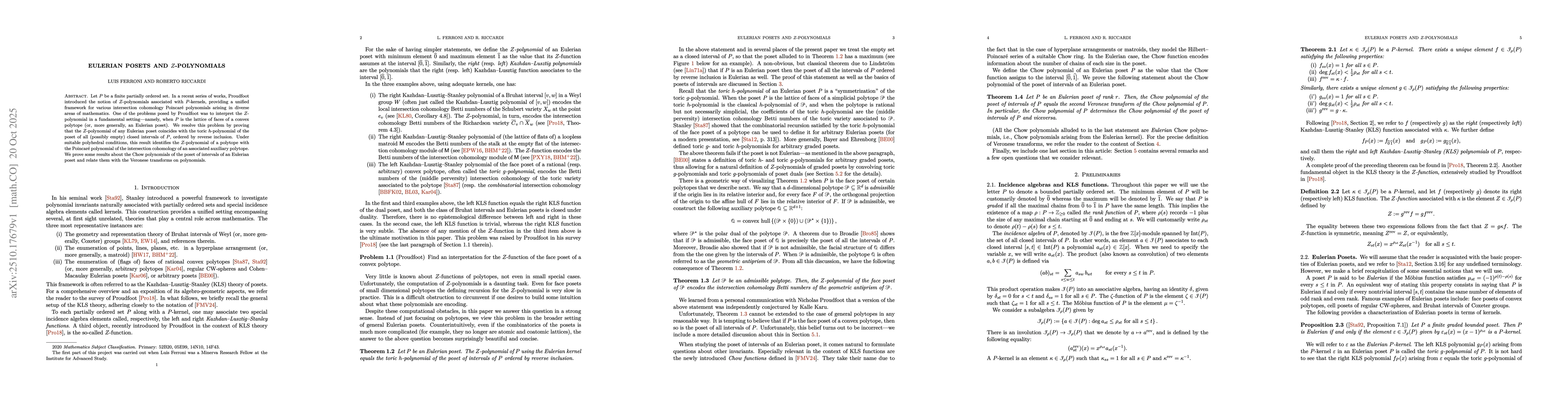 Thumbnail for Eulerian posets and $Z$-polynomials