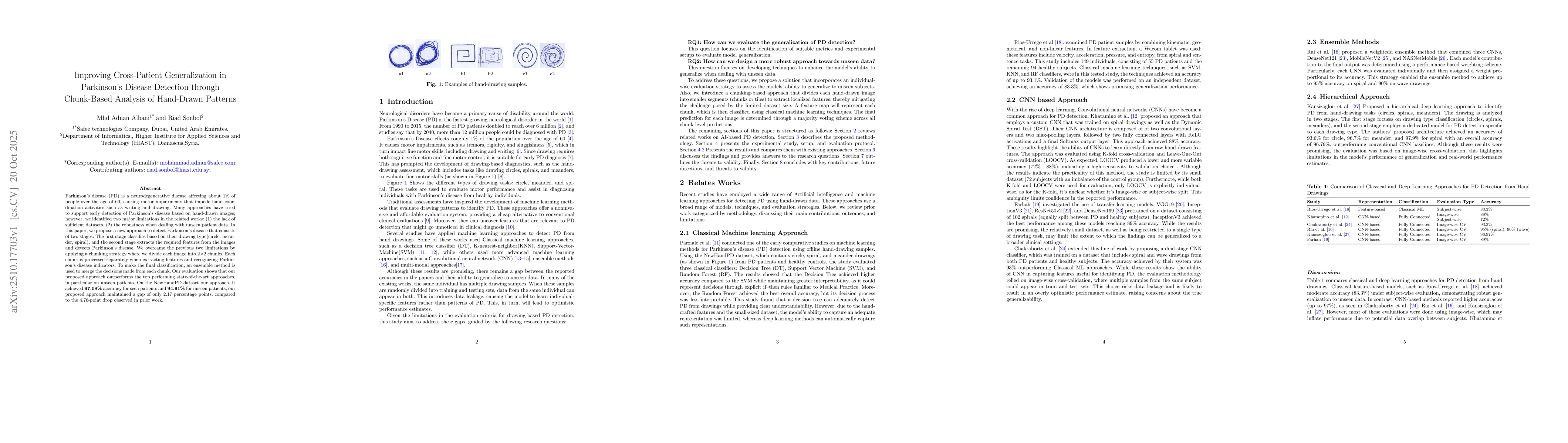Thumbnail for Improving Cross-Patient Generalization in Parkinson's Disease Detection
  through Chunk-Based Analysis of Hand-Drawn Patterns