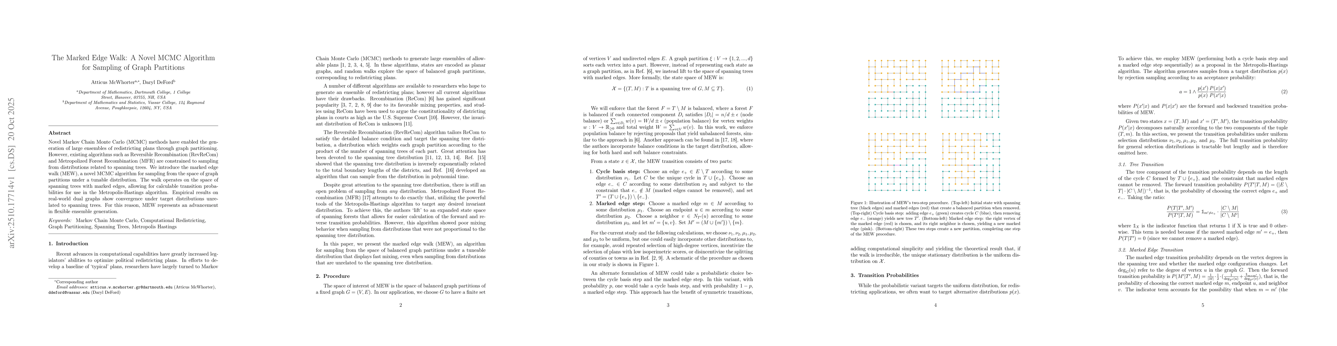 Thumbnail for The Marked Edge Walk: A Novel MCMC Algorithm for Sampling of Graph
  Partitions