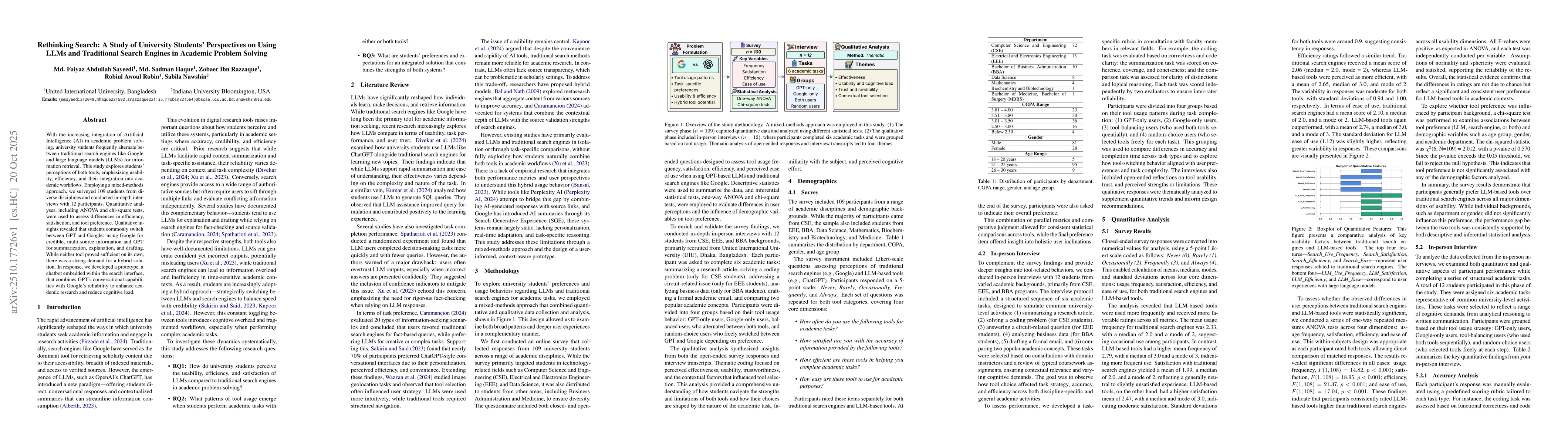 Thumbnail for Rethinking Search: A Study of University Students' Perspectives on Using
  LLMs and Traditional Search Engines in Academic Problem Solving