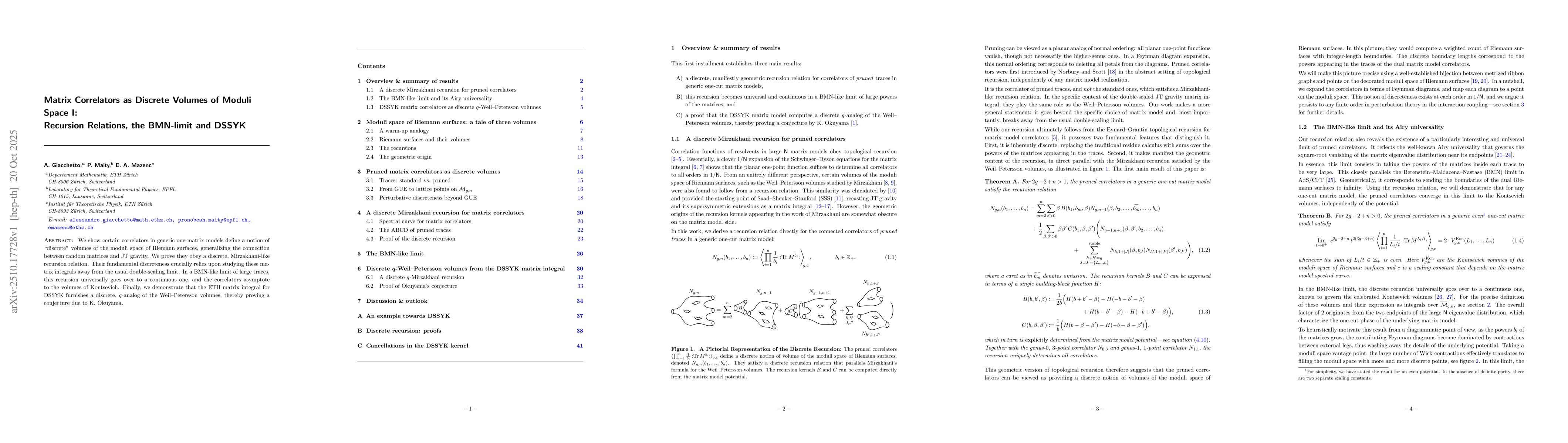 Thumbnail for Matrix Correlators as Discrete Volumes of Moduli Space I: Recursion
  Relations, the BMN-limit and DSSYK