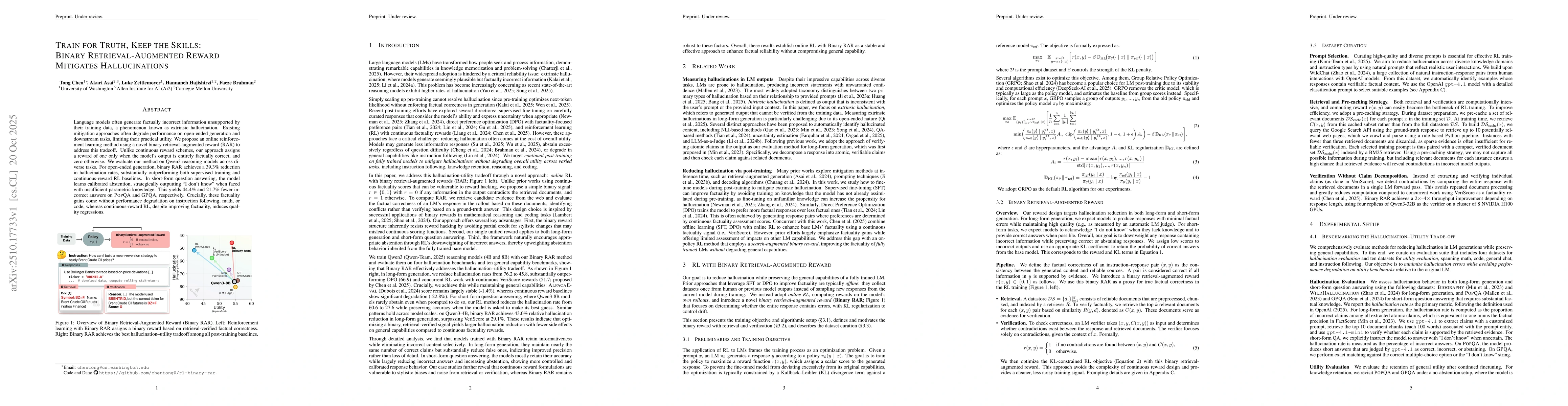 Thumbnail for Train for Truth, Keep the Skills: Binary Retrieval-Augmented Reward
  Mitigates Hallucinations