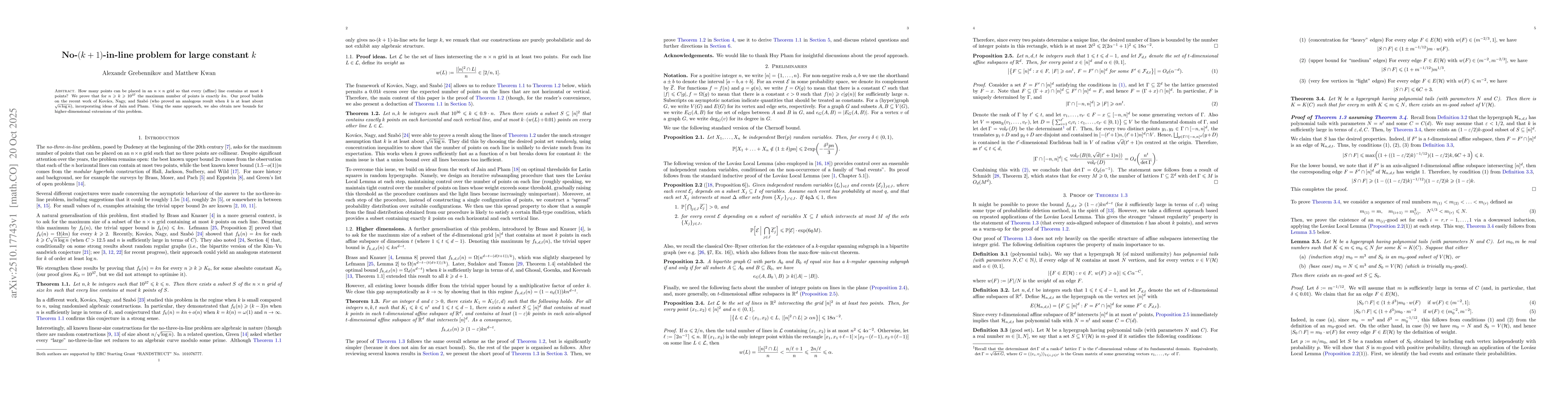Thumbnail for No-$(k+1)$-in-line problem for large constant $k$