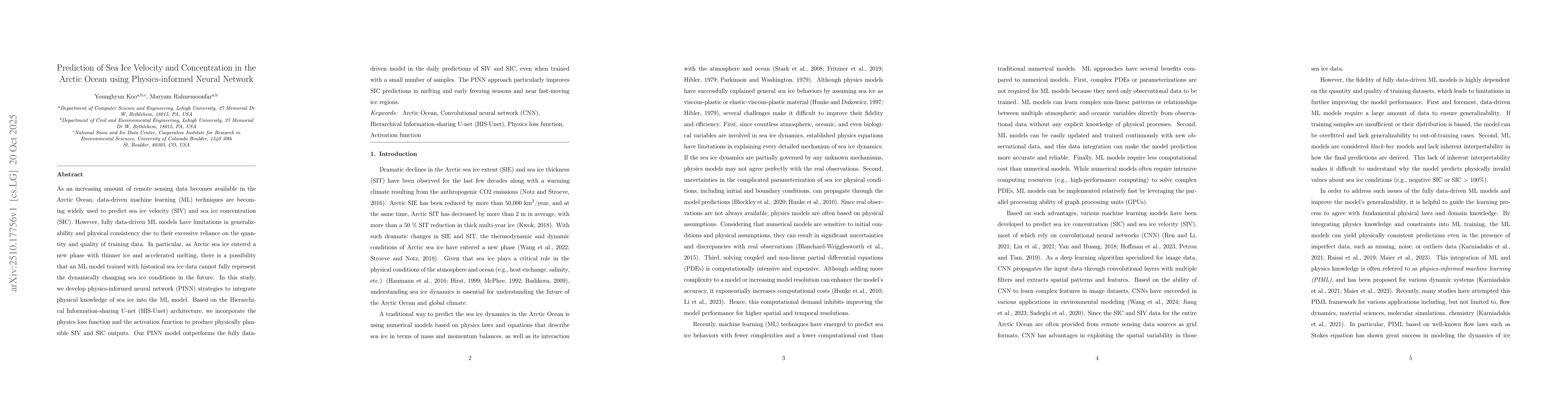 Thumbnail for Prediction of Sea Ice Velocity and Concentration in the Arctic Ocean
  using Physics-informed Neural Network