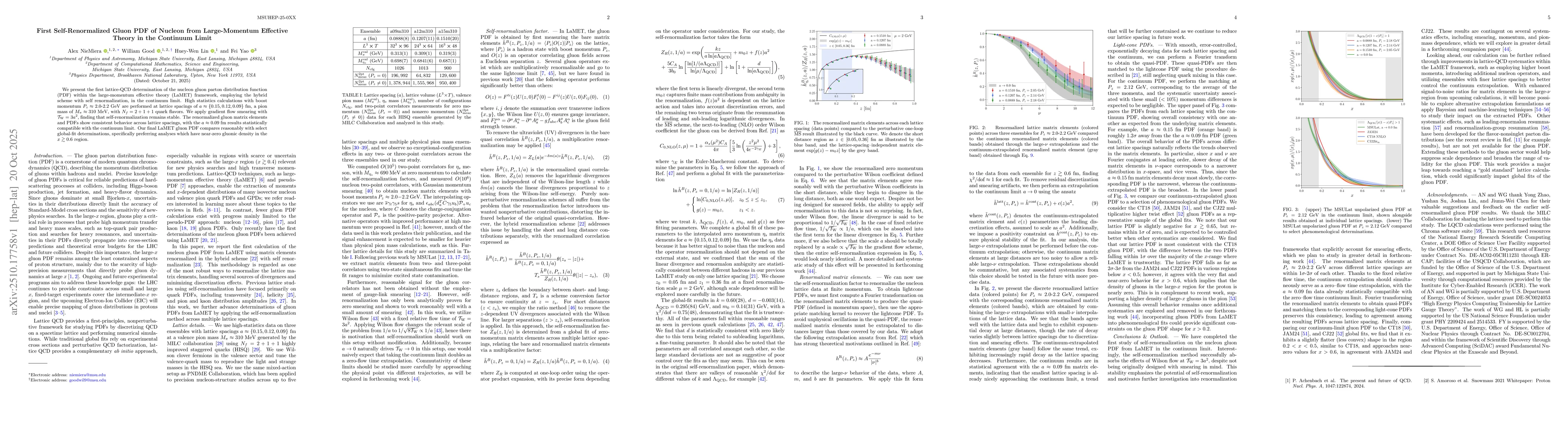 Thumbnail for First Self-Renormalized Gluon PDF of Nucleon from Large-Momentum
  Effective Theory in the Continuum Limit
