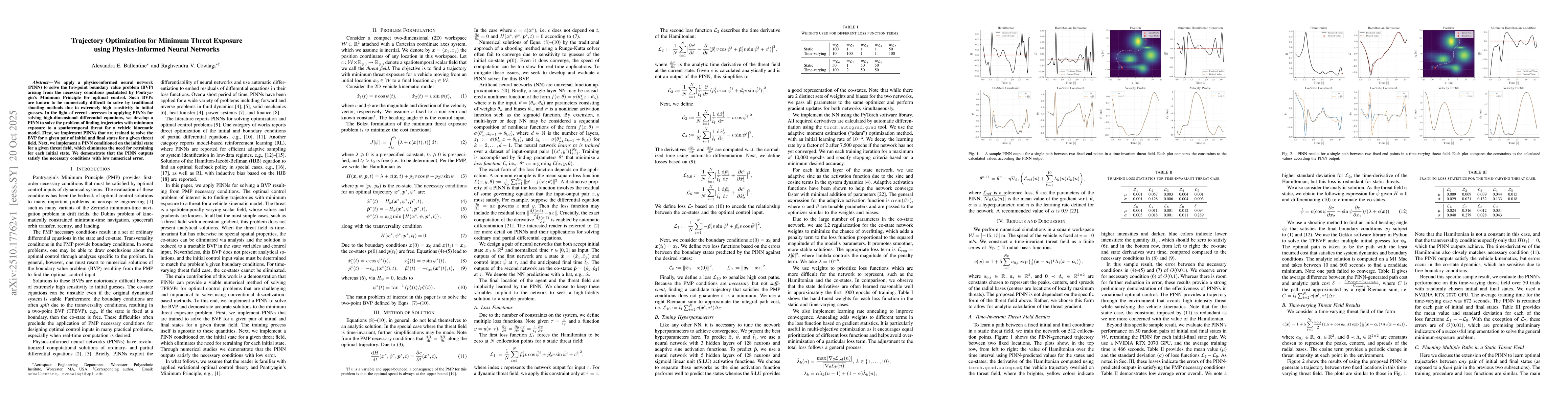 Thumbnail for Trajectory Optimization for Minimum Threat Exposure using
  Physics-Informed Neural Networks