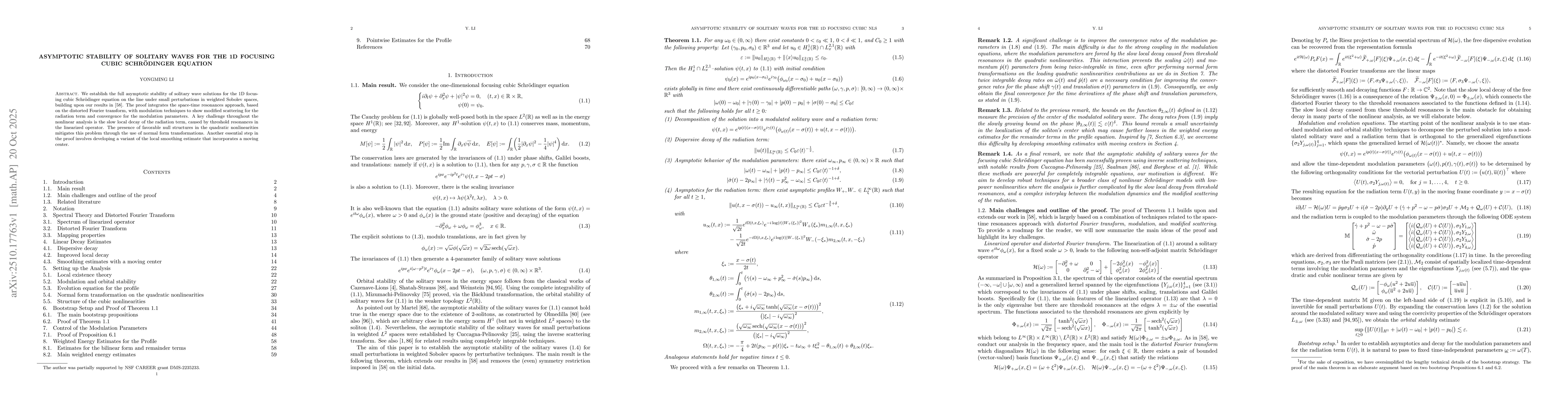 Thumbnail for Asymptotic stability of solitary waves for the 1D focusing cubic
  Schrödinger equation