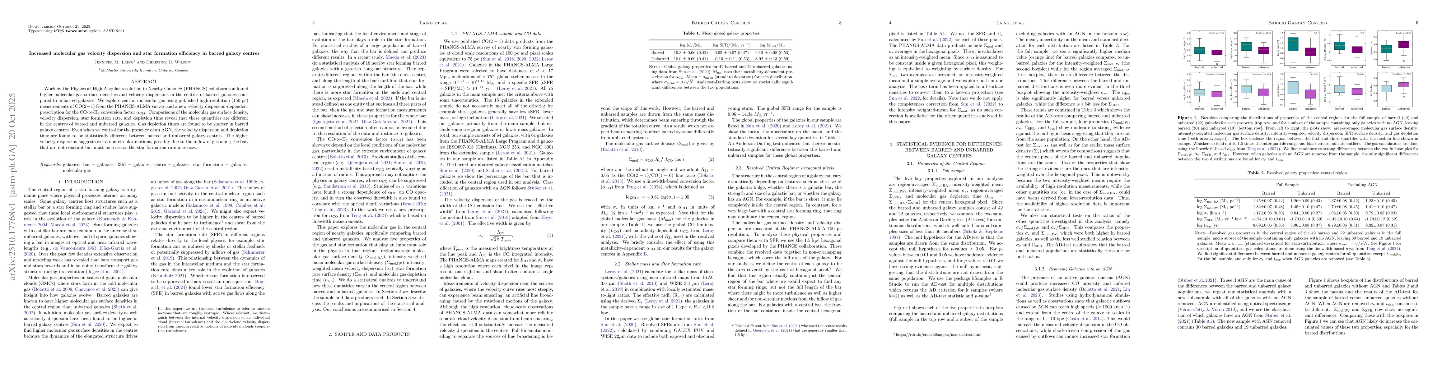 Thumbnail for Increased molecular gas velocity dispersion and star formation
  efficiency in barred galaxy centres