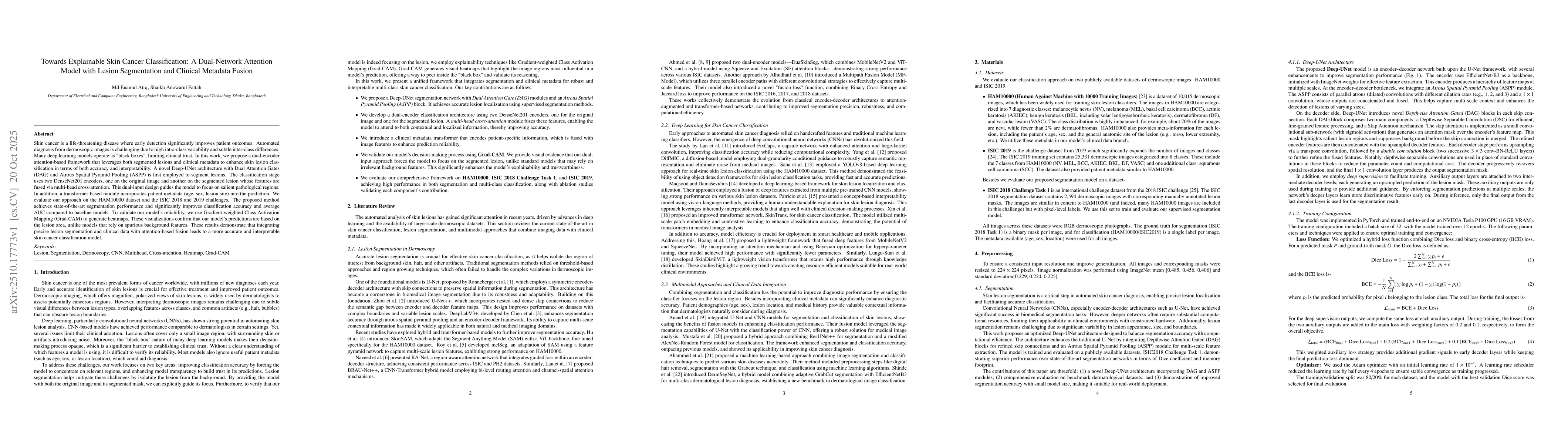 Thumbnail for Towards Explainable Skin Cancer Classification: A Dual-Network Attention
  Model with Lesion Segmentation and Clinical Metadata Fusion