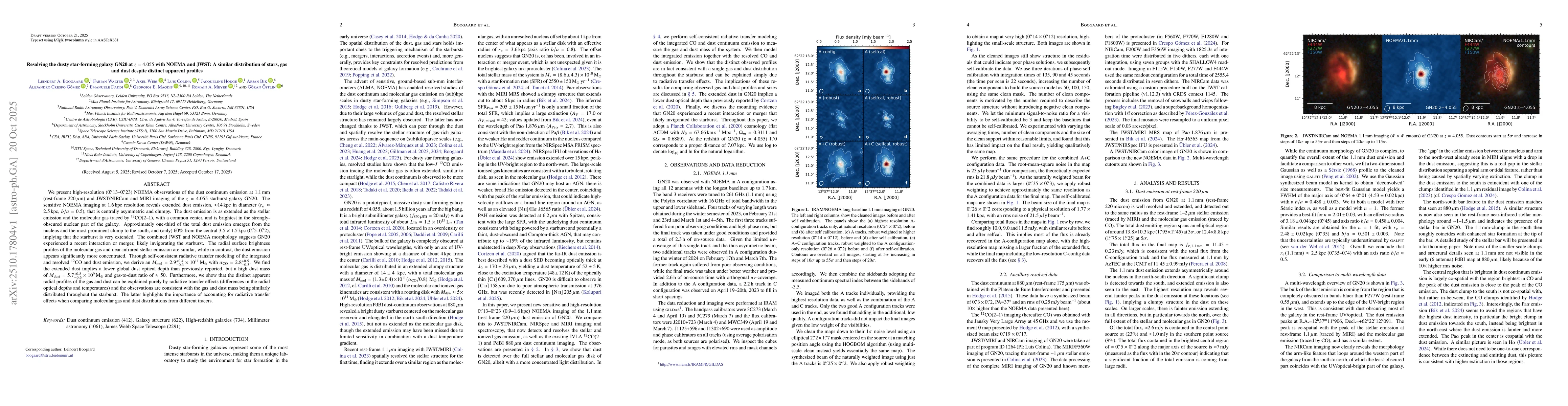 Thumbnail for Resolving the dusty star-forming galaxy GN20 at z=4.055 with NOEMA and
  JWST: A similar distribution of stars, gas and dust despite distinct apparent
  profiles