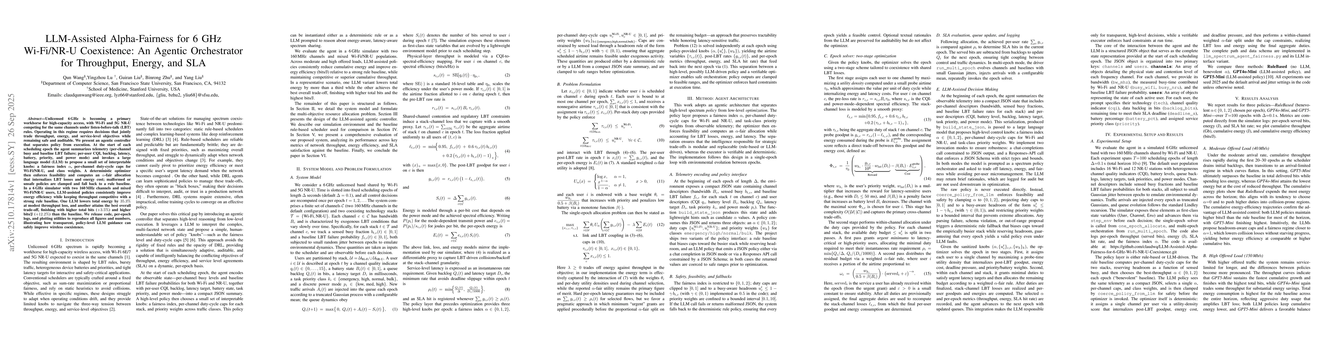 Thumbnail for LLM Assisted Alpha Fairness for 6 GHz WiFi and NR_U Coexistence: An
  Agentic Orchestrator for Throughput, Energy, and SLA