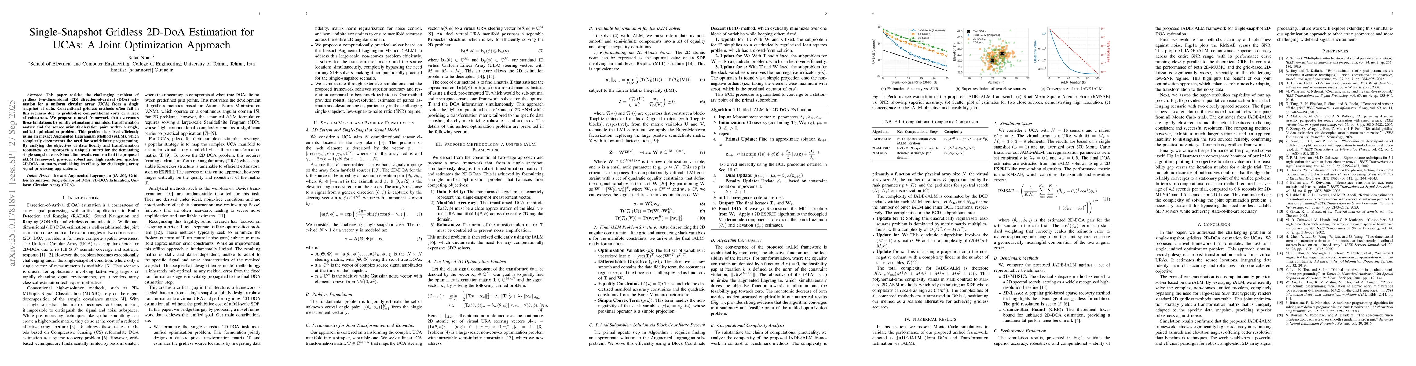 Thumbnail for Single-Snapshot Gridless 2D-DoA Estimation for UCAs: A Joint
  Optimization Approach