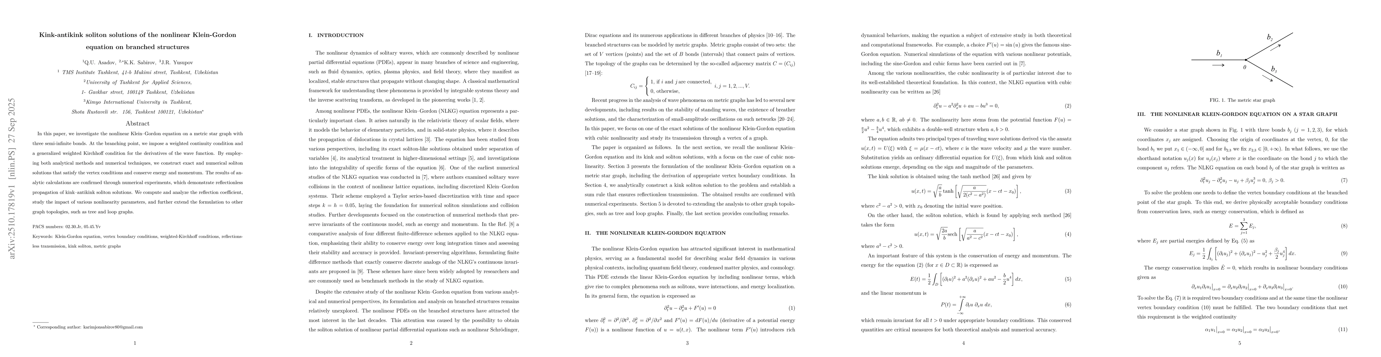 Thumbnail for Kink-antikink soliton solutions of the nonlinear Klein-Gordon equation
  on branched structures