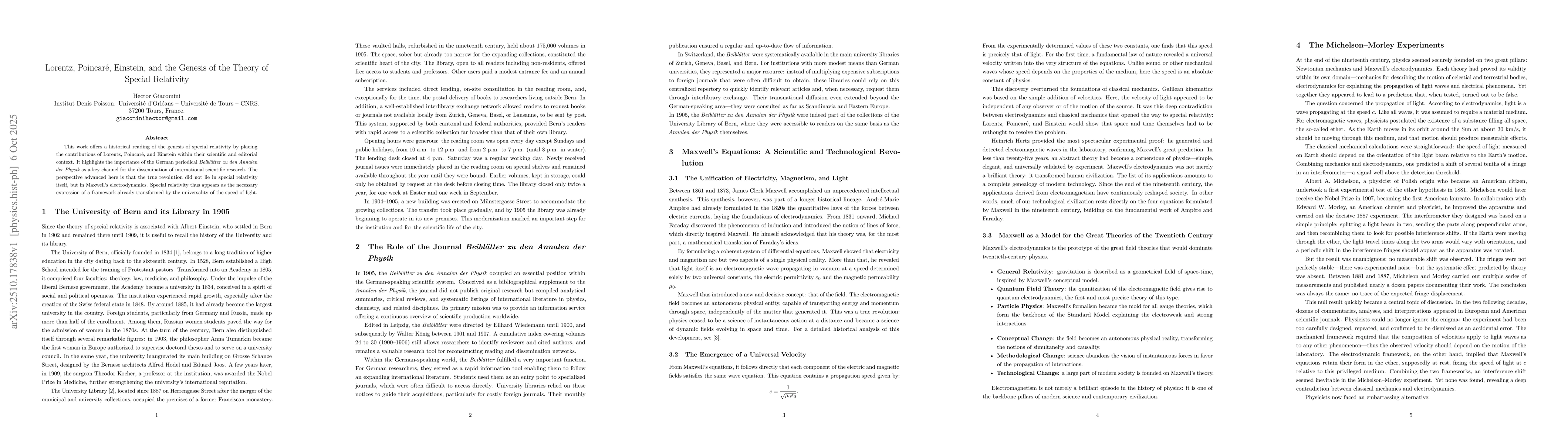 Thumbnail for Lorentz, Poincare, Einstein, and the Genesis of the Theory of Special
  Relativity