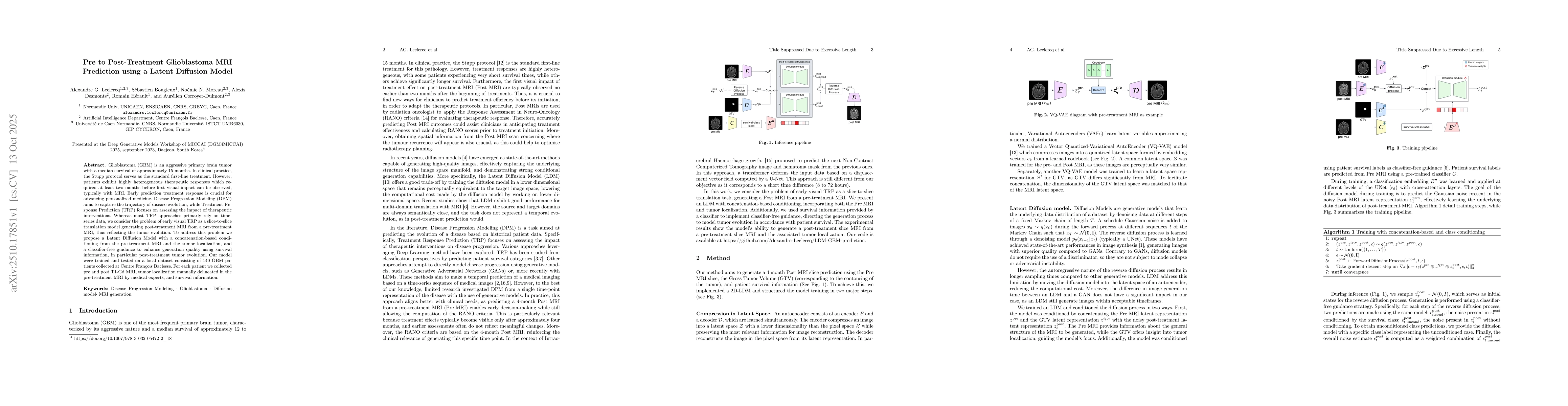 Thumbnail for Pre to Post-Treatment Glioblastoma MRI Prediction using a Latent
  Diffusion Model