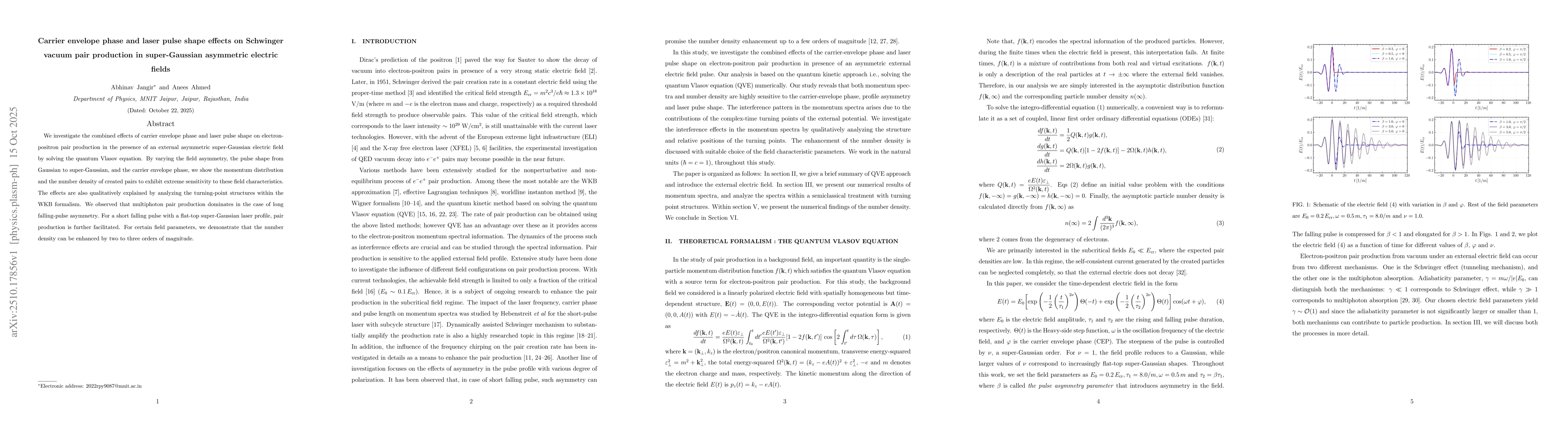 Thumbnail for Carrier envelope phase and laser pulse shape effects on Schwinger vacuum
  pair production in super-Gaussian asymmetric electric fields