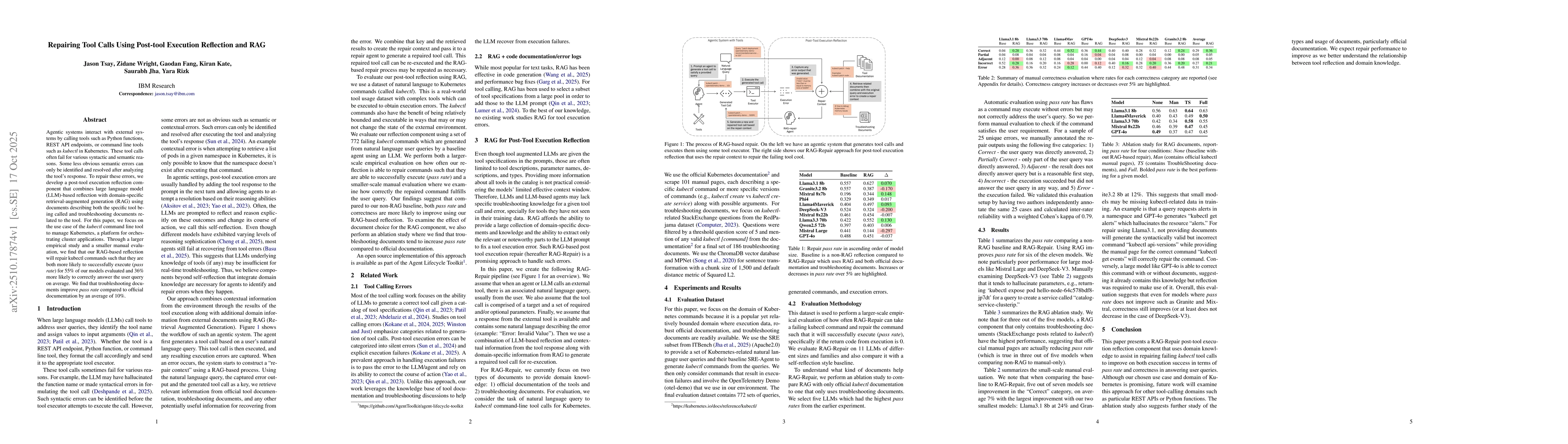 Thumbnail for Repairing Tool Calls Using Post-tool Execution Reflection and RAG
