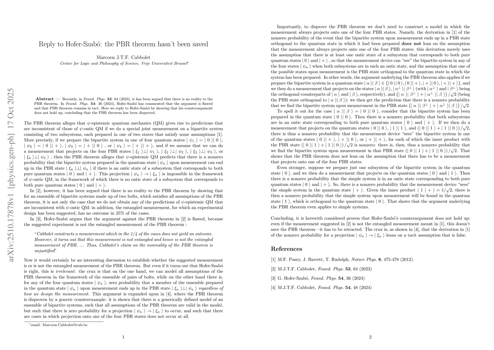 Thumbnail for Reply to Hofer-Szabó: the PBR theorem hasn't been saved