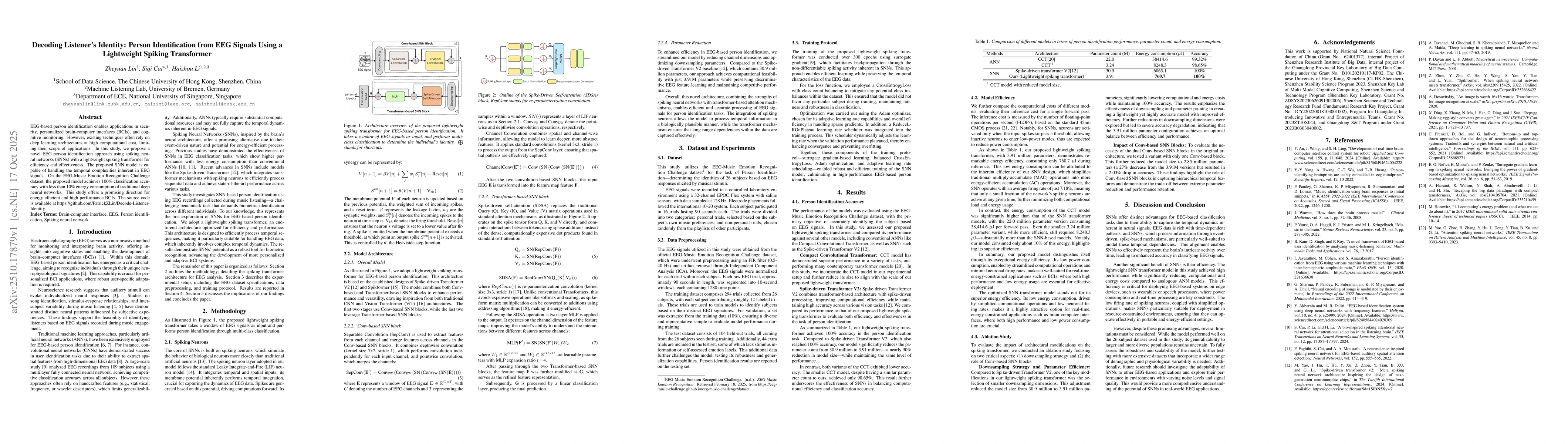 Thumbnail for Decoding Listeners Identity: Person Identification from EEG Signals
  Using a Lightweight Spiking Transformer