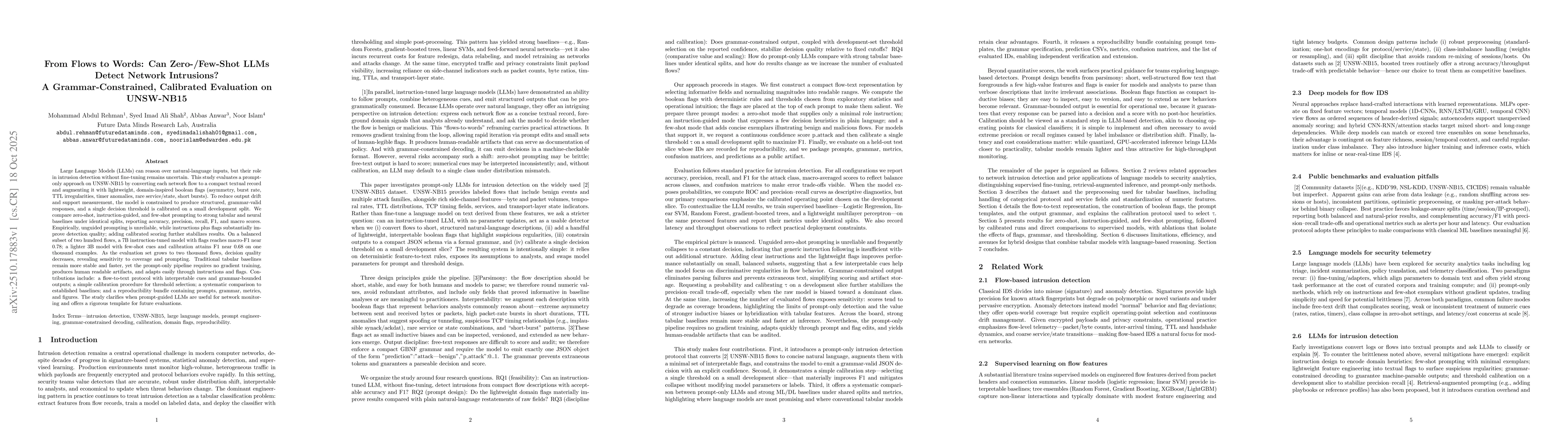 Thumbnail for From Flows to Words: Can Zero-/Few-Shot LLMs Detect Network Intrusions?
  A Grammar-Constrained, Calibrated Evaluation on UNSW-NB15