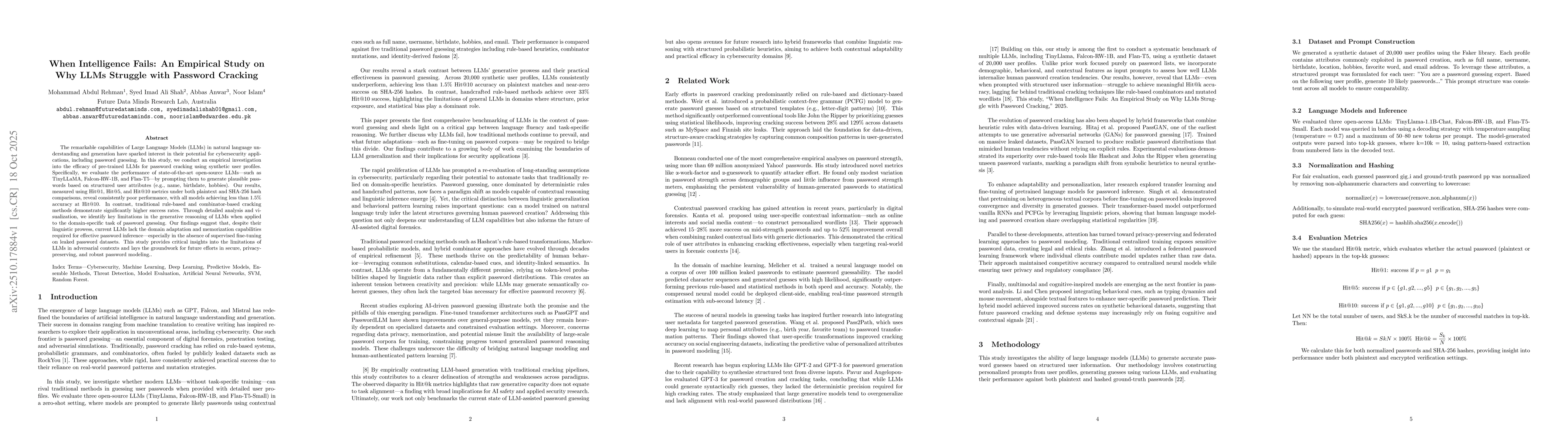 Thumbnail for When Intelligence Fails: An Empirical Study on Why LLMs Struggle with
  Password Cracking